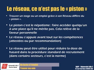 Du lycée à l’emploi
Trouver ma voie
Le réseau, ce n’est pas le « piston »
• Trouver un stage ou un emploi grâce à son Réseau diffère du
« piston ».
• Le piston c’est le népotisme : faire accéder quelqu’un
à une place qu’il ne mérite pas. Cela relève de la
faveur personnelle
• Le réseau s’appuie avant tout sur les compétences
(attestées ou par recommandation)
• Le réseau peut être utilisé pour réduire la dose de
hasard dans la procédure standard de recrutement
(dans certains secteurs, c’est la norme)
BAIP – Université Lille 2
42 rue Paul Duez 59000 Lille
 