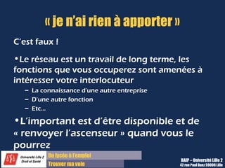 Du lycée à l’emploi
Trouver ma voie
« je n’ai rien à apporter »
C’est faux !
•Le réseau est un travail de long terme, les
fonctions que vous occuperez sont amenées à
intéresser votre interlocuteur
– La connaissance d’une autre entreprise
– D’une autre fonction
– Etc…
•L’important est d’être disponible et de
« renvoyer l’ascenseur » quand vous le
pourrez
BAIP – Université Lille 2
42 rue Paul Duez 59000 Lille
 