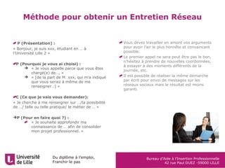 Du diplôme à l’emploi,
Franchir le pas
Bureau d’Aide à l’Insertion Professionnelle
42 rue Paul DUEZ -59000 LILLE
Méthode pour obtenir un Entretien Réseau
P (Présentation) :
« Bonjour, je suis xxx, étudiant en … à
l’Université Lille 2 »
P (Pourquoi je vous ai choisi) :
 « Je vous appelle parce que vous êtes
chargé(e) de…, »
 « [de la part de M. xxx, qui m’a indiqué
que vous seriez à même de me
renseigner…] »
C (Ce que je vais vous demander):
« Je cherche à me renseigner sur …/la possibilité
de …/ telle ou telle pratique/ le métier de … »
P (Pour en faire quoi ?) :
« Je souhaite approfondir ma
connaissance de … afin de consolider
mon projet professionnel. »
Vous devez travailler en amont vos arguments
pour avoir l’air le plus honnête et convaincant
possible.
Le premier appel ne sera peut être pas le bon,
n’hésitez à prendre de nouvelles coordonnées,
à essayer à des moments différents de la
journée, etc.
Il est possible de réaliser la même démarche
par écrit pour envoi de messages sur les
réseaux sociaux mais le résultat est moins
garanti.
 