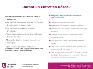 Du diplôme à l’emploi,
Franchir le pas
Bureau d’Aide à l’Insertion Professionnelle
42 rue Paul DUEZ -59000 LILLE
Durant un Entretien Réseau
Il est important d’être sincère dans sa
démarche
Ne pas être en demande de stage ou d’emploi
à moins qu’on ne vous y invite
Ne pas confondre avec un entretien
d’embauche
Avoir préparé des questions, être à l’écoute,
Prendre des notes
Demandez d’autres contacts pouvant vous
renseigner
Vous réalisez en fait un interview
professionnelle, une enquête métier et une
prise de contact professionnel.
Exemples de questions d’interview
professionnelle :
Quelle est votre journée-type ?
Avez-vous des objectifs chiffrés à remplir ?
Comment a évolué votre métier ces dernières
années ?
Quel est votre parcours de formation et
d’expériences ?
Pourquoi avoir choisi cette formation et ce
métier ?
Que faut-il comme qualités pour réussir dans
ce domaine, à votre avis ?
Que pensez-vous de mon CV, de mon objectif
de stage, de mon sujet de mémoire ? A poser
seulement à la fin de l’entretien
 