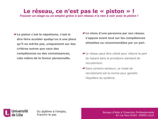 Du diplôme à l’emploi,
Franchir le pas
Bureau d’Aide à l’Insertion Professionnelle
42 rue Paul DUEZ -59000 LILLE
Le réseau, ce n’est pas le « piston » !
Trouver un stage ou un emploi grâce à son réseau n’a rien à voir avec le piston !
Le piston c’est le népotisme, c’est-à-
dire faire accéder quelqu’un à une place
qu’il ne mérite pas, uniquement sur des
critères autres que ceux des
compétences ou des connaissances,
cela relève de la faveur personnelle.
Le choix d’une personne par son réseau
s’appuie avant tout sur les compétences
attestées ou recommandées par un pair.
Le réseau peut être utilisé pour réduire la part
du hasard dans la procédure standard de
recrutement.
Dans certains secteurs, ce mode de
recrutement est la norme pour garantir
l’équilibre du système.
 
