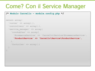 Come? Con il Service Manager
/* Modulo Carrello – module.config.php */

return array(
   'router' => array(…),
   'control...
