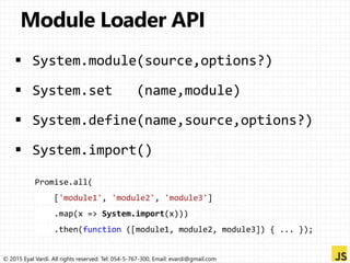 © 2015 Eyal Vardi. All rights reserved. Tel: 054-5-767-300, Email: evardi@gmail.com
Promise.all(
['module1', 'module2', 'module3']
.map(x => System.import(x)))
.then(function ([module1, module2, module3]) { ... });
 