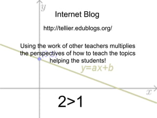 Internet Blog
http://tellier.edublogs.org/
Using the work of other teachers multiplies
the perspectives of how to teach the topics
helping the students!
2>1
 