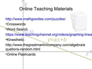 Online Teaching Materials
http://www.mathgoodies.com/puzzles/
•Crosswords
•Word Search
https://www.teachingchannel.org/videos/graphing-linea
•Kinesthetic
http://www.thegreatmartinicompany.com/algebra/e
quations-random.html
•Online Flashcards
 
