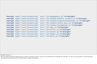 <script
<script
<script
<script
<script
<script
<script
<script
<script
<script

type="text/javascript"
type="text/javascript"
type="text/javascript"
type="text/javascript"
type="text/javascript"
type="text/javascript"
type="text/javascript"
type="text/javascript"
type="text/javascript"
type="text/javascript"

src="/js/namespace.js"></script>
src="/js/vendor/buffer-loader.js"></script>
src="/js/vendor/requestanimframe.js"></script>
src="/js/vendor/stats.min.js"></script>
src="/js/vendor/minpubsub.js"></script>
src="/js/app.js"></script>
src="/js/utils.js"></script>
src="/js/sound.js"></script>
src="/js/shape.js"></script>
src="/js/main.js"></script>

Wednesday, January 8, 14

We can easily do this by separating our code into various scripts. It gets a bit troublesome to manage this though. For me this way hinders me from playing
around and prototyping and testing things out while developing.

 
