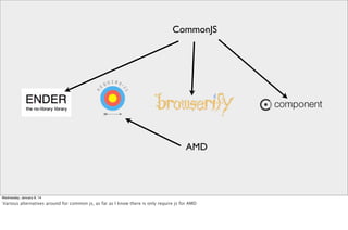 CommonJS

AMD

Wednesday, January 8, 14

Various alternatives around for common js, as far as I know there is only require js for AMD

 
