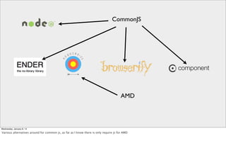 CommonJS

AMD

Wednesday, January 8, 14

Various alternatives around for common js, as far as I know there is only require js for AMD

 