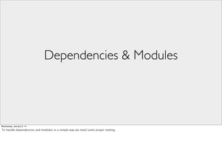 Dependencies & Modules

Wednesday, January 8, 14

To handle dependencies and modules in a simple way we need some proper tooling.

 