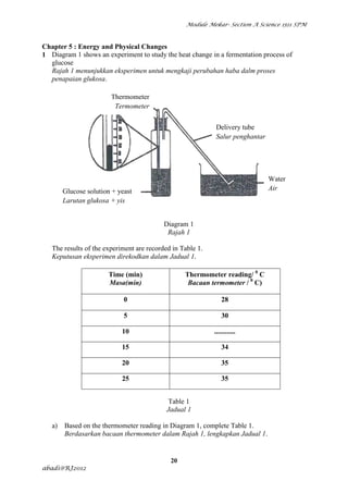 Module Mekar- Section A Science 1511 SPM



Chapter 5 : Energy and Physical Changes
1 Diagram 1 shows an experiment to study the heat change in a fermentation process of
  glucose
  Rajah 1 menunjukkan eksperimen untuk mengkaji perubahan haba dalm proses
  penapaian glukosa.

                        Thermometer
                         Termometer


                                                             Delivery tube
                                                             Salur penghantar




                                                                                Water
        Glucose solution + yeast                                                Air
        Larutan glukosa + yis


                                           Diagram 1
                                            Rajah 1

   The results of the experiment are recorded in Table 1.
   Keputusan eksperimen direkodkan dalam Jadual 1.

                       Time (min)                 Thermometer reading/ 0 C
                       Masa(min)                   Bacaan termometer / 0 C)

                             0                                  28

                             5                                  30

                            10                              ............

                            15                                  34

                            20                                  35

                            25                                  35


                                             Table 1
                                            Jadual 1

   a)   Based on the thermometer reading in Diagram 1, complete Table 1.
        Berdasarkan bacaan thermometer dalam Rajah 1, lengkapkan Jadual 1.


                                             20
abadi@RJ2012
 
