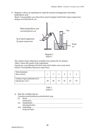 Module Mekar- Section A Science 1511 SPM



3   Diagram 3 shows an experiment to study the reaction of magnesium with dilute
    hydrochloric acid.
    Rajah 3 menunjukkan satu eksperimen untuk mengkaji tindak balas logam magnesium
    dengan asid hidroklorik cair.



              Dilute hydrochloric acid
              Asid hidroklorik cair                                                                  Gas



       5g of metal magnesium
       5g logam magnesium
                                                                                                                Water
                                                                                                                Air



                                                             Diagram 3
                                                              Rajah 3

    The volume of gas collected is recorded every minute for six minutes.
    Table 3 shows the results of the experiment.
    Isipadu gas yang dikumpul direkod setiap minit dalam amsa enam minit.
    Jadual 3 menunjukkan keputusan eksperimen.

     Time (minutes)
     Masa (minit)                                                1          2         3          4          5           6

     Volume of gas collected (cm3)
     Isipadu gas (cm3)                                          20         30         37        41         43          43


                                                               Table 3
                                                              Jadual 3

    a) State the variables that are
       Nyatakan pembolehubah-pembolehubah yang
       (i) fixed:....................................................................................................................
              dimalarkan
       (ii) manipulated:.........................................................................................................
              dimanipulasikan
       (iii) responding: ..........................................................................................................
              bergerak balas




                                                                25
abadi@RJ2012
 