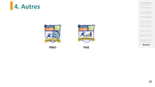 4. Autres
Calendrier
Modules :
2 à réussir
Préparation
du projet
Animation
de projet
Gestion des
problèmes
Autres
21
 