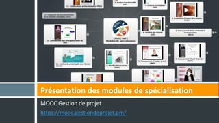 MOOC Gestion de projet
https://mooc.gestiondeprojet.pm/
Présentation des modules de spécialisation
 