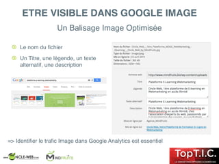! Le nom du ﬁchier
! Un Titre, une légende, un texte
alternatif, une description
Un Balisage Image Optimisée
=> Identiﬁer le traﬁc Image dans Google Analytics est essentiel
ETRE VISIBLE DANS GOOGLE IMAGE
 