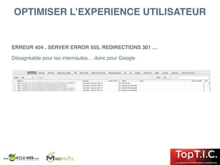 OPTIMISER L’EXPERIENCE UTILISATEUR
ERREUR 404 , SERVER ERROR 505, REDIRECTIONS 301 …
Désagréable pour les internautes… donc pour Google
 
