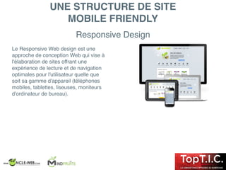 Responsive Design
UNE STRUCTURE DE SITE
MOBILE FRIENDLY
Le Responsive Web design est une
approche de conception Web qui vise à
l'élaboration de sites offrant une
expérience de lecture et de navigation
optimales pour l'utilisateur quelle que
soit sa gamme d'appareil (téléphones
mobiles, tablettes, liseuses, moniteurs
d'ordinateur de bureau).
 