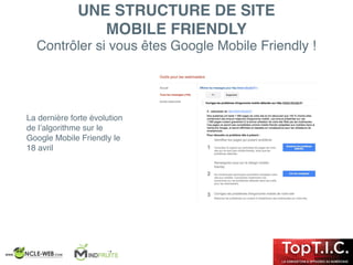 Contrôler si vous êtes Google Mobile Friendly !
La dernière forte évolution
de l’algorithme sur le
Google Mobile Friendly le
18 avril
UNE STRUCTURE DE SITE
MOBILE FRIENDLY
 