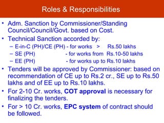 Roles & Responsibilities
• Adm. Sanction by Commissioner/Standing
Council/Council/Govt. based on Cost.
• Technical Sanction accorded by:
– E-in-C (PH)/CE (PH) - for works > Rs.50 lakhs
– SE (PH) - for works from Rs.10-50 lakhs
– EE (PH) - for works up to Rs.10 lakhs
• Tenders will be approved by Commissioner: based on
recommendation of CE up to Rs.2 cr., SE up to Rs.50
lakhs and of EE up to Rs.10 lakhs.
• For 2-10 Cr. works, COT approval is necessary for
finalizing the tenders.
• For > 10 Cr. works, EPC system of contract should
be followed.
 