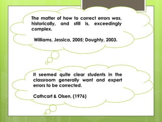 The matter of how to correct errors was,
historically, and still is, exceedingly
complex.

 Williams, Jessica, 2005; Doughty, 2003.




It seemed quite clear students in the
classroom generally want and expert
errors to be corrected.

Cathcart & Olsen, (1976)
 