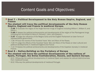  Goal 7 – Political Development in the Holy Roman Empire, England, and
France
 The student will trace the political developments of the Holy Roman
Empire, England and France in medieval Europe.
 7.05  Evaluate the reigns of the Anglo-Norman kings of England including William I, William II, and
Henry I.
 7.06 Assess the political achievements and developments of the reigns of the Plantagenet kings
including but not limited to Henry II, Richard I, John, and Edward I.
 7.07 Judge the influence of the Magna Carta and the English Parliament on later forms of
representative government.
 7.08 Trace the events of the Hundred Years’ War and Wars of the Roses.
 7.09  Judge the effects of the Hundred Years’ War and Wars of the Roses on later cultural and
political developments in medieval England and France
 7.10  Assess the political achievements and developments of the Capetian dynasty in medieval
France.
 Goal 8 – Nation-Building on the Periphery of Europe
 The student will trace the political developments of the nations of
Spain, Portugal, the Swiss Confederation, Russia, and Eastern Europe.
 8.01 Describe the political developments of medieval Spain and assess its cultural distinctiveness
from medieval Europe.
 8.02 Survey the political developments of medieval Portugal.
Content Goals and Objectives:
 