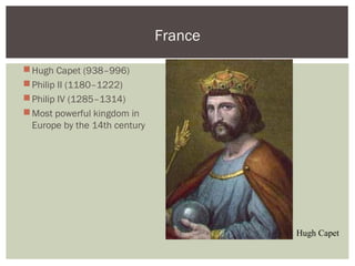 Hugh Capet (938–996)
Philip II (1180–1222)
Philip IV (1285–1314)
Most powerful kingdom in
Europe by the 14th century
France
Hugh Capet
 