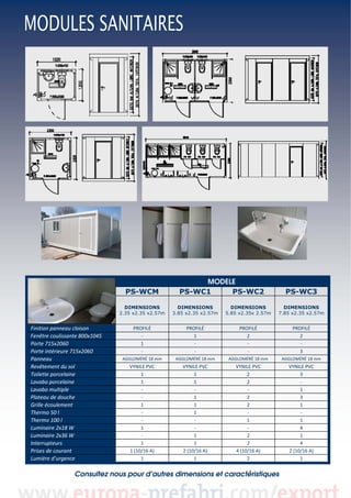  
 
 

PS-WCM

MODELE
PS-WC1
PS-WC2

PS-WC3

DIMENSIONS
2.35 x2.35 x2.57m

Finition panneau cloison 
Fenêtre coulissante 800x1045 
Porte 715x2060 
Porte intérieure 715x2060 
Panneau 
Revêtement du sol 
Toilette porcelaine 
Lavabo porcelaine 
Lavabo multiple 
Plateau de douche 
Grille écoulement 
Thermo 50 l 
Thermo 100 l 
Luminaire 2x18 W 
Luminaire 2x36 W 
Interrupteurs 
Prises de courant 
Lumière d’urgence 

 

DIMENSIONS
3.85 x2.35 x2.57m

DIMENSIONS
5.85 x2.35x 2.57m

DIMENSIONS
7.85 x2.35 x2.57m

PROFILÉ 
‐ 
1 
‐ 

PROFILÉ 
1 
‐ 
‐ 

PROFILÉ 
2 
‐ 
‐ 

PROFILÉ 
2 
‐ 
3 

AGGLOMÉRÉ 18 mm 

AGGLOMÉRÉ 18 mm 

AGGLOMÉRÉ 18 mm 

AGGLOMÉRÉ 18 mm 

VYNILE PVC 
1 
1 
‐ 
‐ 
1 
‐ 
‐ 
1 
‐ 
1 
1 (10/16 A) 
1 

VYNILE PVC 
1 
1 
‐ 
1 
1 
1 
‐ 
‐ 
1 
1 
2 (10/16 A) 
1 

VYNILE PVC 
2  
2 
‐ 
2 
2 
‐ 
1 
‐ 
2 
2 
4 (10/16 A) 
2 

VYNILE PVC 
3 
‐ 
1 
3 
1 
‐ 
1 
4 
1 
4 
2 (10/16 A) 
1 

Consultez nous pour d’autres dimensions et caractéristiques

 