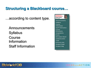 Structuring a Blackboard course… … according to content  type. Announcements Syllabus Course Information Staff Information 