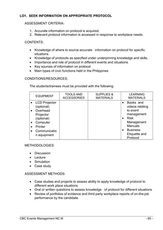 Protocol Information Task Modules of instruction events management nc iii | DOC