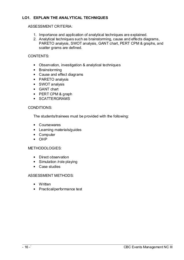 modules of instruction events management nc iii pert chart explained
