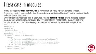 Hiera data in modules
Hiera 5 supports data in modules: a revolution on how default params are set.
A hiera.yamlin the module, like the one below, deﬁnes a Hierarchy in the module itself,
relative to the datadir.
On component modules this is useful to set the default values of the module classes’
parameters according to diﬀerent OS. This completely replaces the params pattern.
Note that data in module can only be used to set values for the module’s params.
---
version: 5
defaults:
datadir: data
data_hash: yaml_data
hierarchy:
- name: "In module hierarchy"
paths:
- "%{facts.os.name}%{facts.os.release.major}.yaml"
- "%{facts.os.name}.yaml"
- "%{facts.os.family}%{facts.os.release.major}.yaml"
- "%{facts.os.family}.yaml"
- name: "Common"
path: "common.yaml"
 