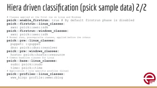 Hiera driven classiﬁcation (psick sample data) 2/2
# Classes applied at the first run on Linux and Windows
psick::enable_firstrun: true # By default firstrun phase is disabled
psick::firstrun::linux_classes:
aws: psick::aws::sdk
psick::firstrun::windows_classes:
aws: psick::aws::sdk
# Normal runs, prerequisite classes, applied before the others
psick::pre::linux_classes:
puppet: ::puppet
dns: psick::dns::resolver
psick::pre::windows_classes:
hosts: psick::hosts::resource
# Common baseline classes for Linux
psick::base::linux_classes:
sudo: psick::sudo
time: psick::time
# Application / role specific profiles (Linux)
psick::profiles::linux_classes:
www_blog: profile::www::blog
 