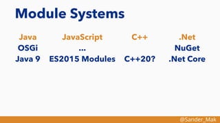 @Sander_Mak
Module Systems
Java
OSGi
Java 9
JavaScript
...
ES2015 Modules
C++
C++20?
.Net
NuGet
.Net Core
 