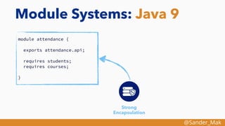 @Sander_Mak
Module Systems: Java 9
module attendance {
exports attendance.api;
requires students;
requires courses;
}
Strong
Encapsulation
 