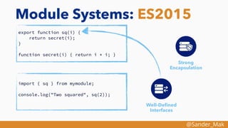 @Sander_Mak
Module Systems: ES2015
export function sq(i) {
return secret(i);
}
function secret(i) { return i * i; }
Strong
Encapsulation
Well-Deﬁned
Interfaces
import { sq } from mymodule;
console.log("Two squared", sq(2));
 