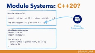 @Sander_Mak
Module Systems: C++20?
module mymodule;
export int sq(int i) { return secret(i); }
int secret(int i) { return i * i; }
#include <stdio.h>
import std.io
import mymodule
int main() {
printf("Two squared %d", sq(2));
return 0;
}
Strong
Encapsulation
 