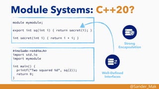@Sander_Mak
Module Systems: C++20?
module mymodule;
export int sq(int i) { return secret(i); }
int secret(int i) { return i * i; }
#include <stdio.h>
import std.io
import mymodule
int main() {
printf("Two squared %d", sq(2));
return 0;
}
Strong
Encapsulation
Well-Deﬁned
Interfaces
 