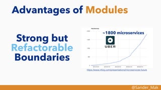 @Sander_Mak
Advantages of Modules
Strong but
Refactorable
Boundaries
https://www.infoq.com/presentations/microservices-future
~1800 microservices
 