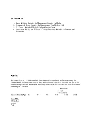 REFERNCES

   1.   Levin & Rubin: Statistics for Management, Prentice Hall India.
   2.   Srivastava & Rego : Statistics for Management, Tata McGraw Hill
   3.   S.P.Gupta : Statistical Methods, Sultan Chand & Sons
   4.   Andersons, Sweeny and Williams : Cengage Learning, Statistics for Business and
        Economics




Activity-1

Students will go to 25 children and ask them about their chocolates’ preferences among the
various brands available in the market. They will collect the data about the name and age of the
children along with their preferences. Then, they will convert this raw data into a Bivariate Table
consisting of 2 variables.
                                                                   1. Chocolate
                                                                   2. Age
                                                                   For Example:
X(Chocolate)/Y(Age 3-5               5-7          7-9          9-11         11-13        13-15
)
Dairy Milk
sMilky Bar
Munch
Perk
 