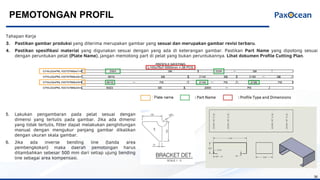 36
PEMOTONGAN PROFIL
Tahapan Kerja
3. Pastikan gambar produksi yang diterima merupakan gambar yang sesuai dan merupakan gambar revisi terbaru.
4. Pastikan spesifikasi material yang digunakan sesuai dengan yang ada di keterangan gambar. Pastikan Part Name yang dipotong sesuai
dengan peruntukan pelat (Plate Name), jangan memotong part di pelat yang bukan peruntukannya. Lihat dokumen Profile Cutting Plan.
5. Lakukan pengambaran pada pelat sesuai dengan
dimensi yang tertulis pada gambar. Jika ada dimensi
yang tidak tertulis, fitter dapat melakukan penghitungan
manual dengan mengukur panjang gambar dikalikan
dengan ukuran skala gambar.
6. Jika ada inverse bending line (tanda area
pembengkokan) maka daerah pemotongan harus
ditambahkan sebesar 500 mm dari setiap ujung bending
line sebagai area kompensasi.
 