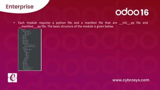 • Each module requires a python file and a manifest file that are __init__.py file and
__manifest__.py file. The basic structure of the module is given below.
 