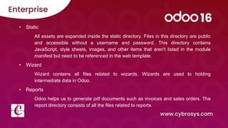 • Static
All assets are expanded inside the static directory. Files in this directory are public
and accessible without a username and password. This directory contains
JavaScript, style sheets, images, and other items that aren't listed in the module
manifest but need to be referenced in the web template.
• Wizard
Wizard contains all files related to wizards. Wizards are used to holding
intermediate data in Odoo.
• Reports
Odoo helps us to generate pdf documents such as invoices and sales orders. The
report directory consists of all the files related to reports.
 