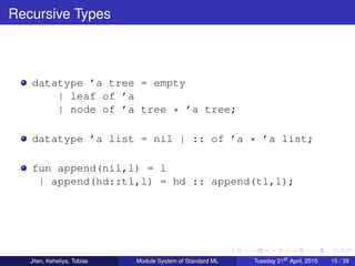 Recursive Types
datatype ’a tree = empty
| leaf of ’a
| node of ’a tree * ’a tree;
datatype ’a list = nil | :: of ’a * ’a list;
fun append(nil,l) = l
| append(hd::tl,l) = hd :: append(tl,l);
Jiten, Keheliya, Tobias Module System of Standard ML Tuesday 21st
April, 2015 15 / 39
 
