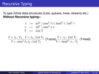Recursive Typing
To type inﬁnte data-structures (Lists, queues, trees, streams etc.)
Without Recursive typing:-
t ::“ nilT | consT t t | headT t | tailT t
v ::“ nilT | consT v v
T ::“ List T
Γ $ t1 : T1 Γ $ t2 : List T1
Γ $ consT1 t1 t2 : List T1
(T-cons)
Γ $ t1 : List T1
Γ $ headT1 t1 : T1
(T-head)
Jiten, Keheliya, Tobias Module System of Standard ML Tuesday 21st
April, 2015 16 / 39
 