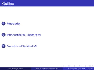 Outline
1 Modularity
2 Introduction to Standard ML
3 Modules in Standard ML
Jiten, Keheliya, Tobias Module System of Standard ML Tuesday 21st
April, 2015 2 / 39
 