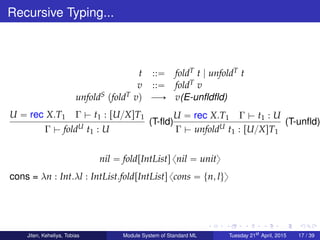 Recursive Typing...
t ::“ foldT t | unfoldT t
v ::“ foldT v
unfoldS pfoldT vq ÝÑ v(E-unﬂdﬂd)
U “ rec X.T1 Γ $ t1 : rU{XsT1
Γ $ foldU t1 : U
(T-ﬂd)
U “ rec X.T1 Γ $ t1 : U
Γ $ unfoldU t1 : rU{XsT1
(T-unﬂd)
nil “ foldrIntLists xnil “ unity
cons = λn : Int.λl : IntList.foldrIntLists xcons “ tn, luy
Jiten, Keheliya, Tobias Module System of Standard ML Tuesday 21st
April, 2015 17 / 39
 