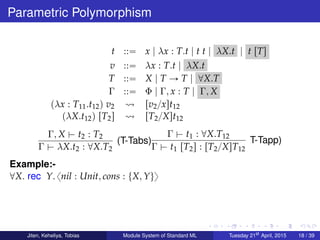 Parametric Polymorphism
t ::“ x | λx : T.t | t t | λX.t | t rTs
v ::“ λx : T.t | λX.t
T ::“ X | T Ñ T | @X.T
Γ ::“ Φ | Γ, x : T | Γ, X
pλx : T11.t12q v2 rv2{xst12
pλX.t12q rT2s rT2{Xst12
Γ, X $ t2 : T2
Γ $ λX.t2 : @X.T2
(T-Tabs)
Γ $ t1 : @X.T12
Γ $ t1 rT2s : rT2{XsT12
T-Tapp)
Example:-
@X. rec Y. xnil : Unit, cons : tX, Yuy
Jiten, Keheliya, Tobias Module System of Standard ML Tuesday 21st
April, 2015 18 / 39
 