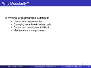 Why Modularity?
Writing large programs is difﬁcult!
Lots of interdependencies
Changing code breaks other code
Concurrent development difﬁcult
Maintenance is a nightmare.
Jiten, Keheliya, Tobias Module System of Standard ML Tuesday 21st
April, 2015 4 / 39
 