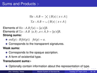 Sums and Products :-
Πx : A.B “
ą
t Bpxq | x P A u
Σx : A.B “  t Bpxq | x P A u
Elements of Πx : A.B fpaq “ ra{xsB.
Elements of Σx : A.B xa, by , a P A, b “ ra{xsB.
Strong sums:
sndppq : Bpfstppqq fstppq “ a.
Corresponds to the transparent signatures.
Weak sums:
Corresponds to the opaque ascription.
A form of existential type.
Transclucent sums:-
Optionally contain information about the representation of type.
Jiten, Keheliya, Tobias Module System of Standard ML Tuesday 21st
April, 2015 35 / 39
 