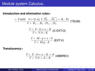 Module system Calculus..
Introduction and elimination rules:-
$ Γvalid @i P r1.ns. Γ, D1, .., Di´1 $ Bi : Di
Γ $ B1, .., Bn : D1, .., Dn
(TSUM)
Γ $ V : b Ź α :: K
Γ $ V.b :: K
(C-EXT-O)
Γ $ M : y Ź x : A
Γ $ M.y : A
(EXT-V)
Translucency:-
Γ $ V : b Ź α :: K “ A
Γ $ V.b “ A :: K
(ABBREV)
Jiten, Keheliya, Tobias Module System of Standard ML Tuesday 21st
April, 2015 37 / 39
 