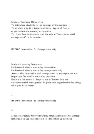 Module Teaching Objectives
To introduce students to the concept of innovation
To explain why it is important for all types of firm or
organisation and country economies
To learn how to innovate and the role of ‘entrepreneurial
management’ in this context
1
BS2402 Innovation & Entrepreneurship
1
Module Learning Outcomes
Understand what is meant by innovation
Understand what is meant by entrepreneurship
Assess why innovation and entrepreneurial management are
important for wealth and value creation
Evaluate the potential importance of innovation and
entrepreneurial management in your own organisation by using
what you have learnt
2
BS2402 Innovation & Entrepreneurship
2
Module Structure OverviewDateContentManual refAssignment
linkWed 5th SeptIntroduction to Innovation & defining
 